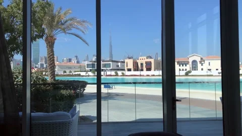 View on Burj Khalifa from luxury development Stock Footage 147998080