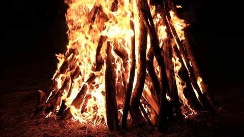 A view of burning bonfire against the darkness of a night Video stock 93393771