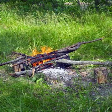 View of the burning campfire in camp Stock Photos