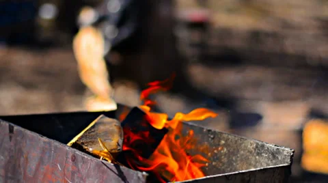 View of the burning fire in an iron brazier Video stock 38245914