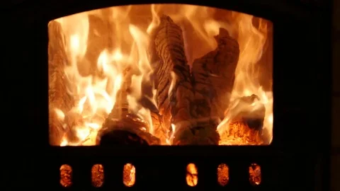 View of burning firewood in the brick fireplace, 4k footage Video stock 81426413