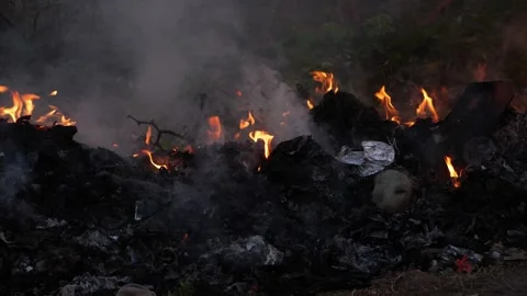 View of burning non biodegradable waste, Close view of burning waste Видео 150714688