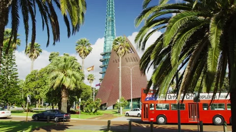 View of Bus Moving at Swan Bell Tower Stock Footage 61415984