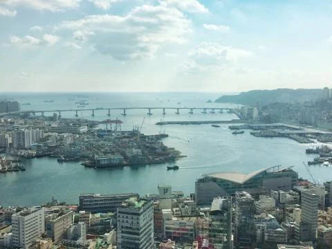 View from Busan tower with bride on cloudy blue sky Stock Photos