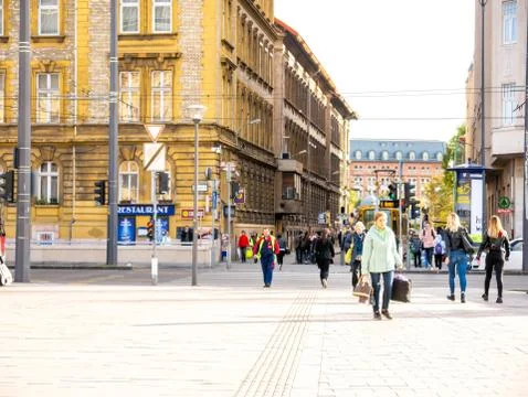 View on the busy Baross square and the Kerepesi way with the people hurry at  Stock Photos