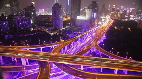 View Of Busy Traffic Over Overpass At Night , Shanghai, China Stock Footage 39768648