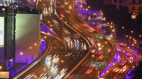 View of busy traffic over overpass at night , Shanghai, China Stock Footage 40297165