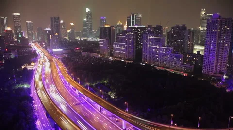 View of busy traffic over overpass at night , Shanghai, China Stock Footage 40298045