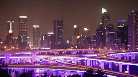 View of busy traffic over overpass at night , Shanghai, China Stock Footage 40331562