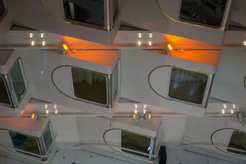 View of cabin windows with a promenade deck view on board a cruise ferry Stock Photos
