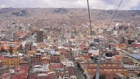 View From The Cable Car Cabin Moving Over The Big City (La Paz, Bolivia) Stock Footage 171655761