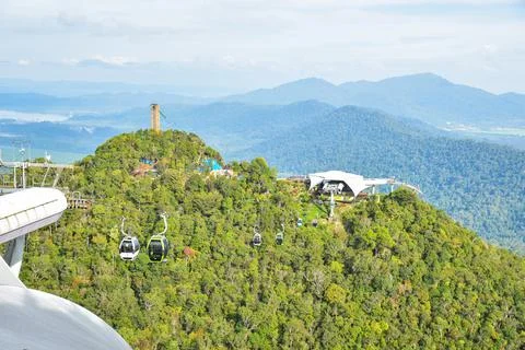View of cable car just arrived at station with beautiful nature view. Stock Photos