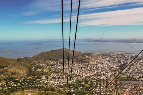 View from a cable car at Table Mountain looking down towards Cape Town Stock Photos