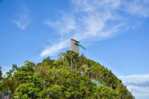 View of cable car tower in the mountain. Stock Photos