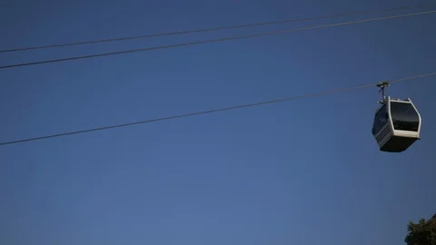 View of the cable car, which descends the cabin on a background of clear sky Stock Footage 116843498