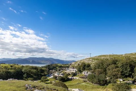 A view of the cable cars from the Great Orme mountain in Llandudno Stock Photos