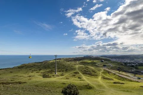 A view of the cable cars from the Great Orme mountain in Llandudno Stock Photos
