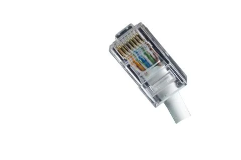 View of cable network connection, internet communication and computer. Stock Photos