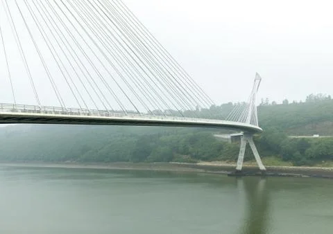 View of a cable-stayed bridge Pont de Terenez in France on a sunny summer mor Fotos Stock