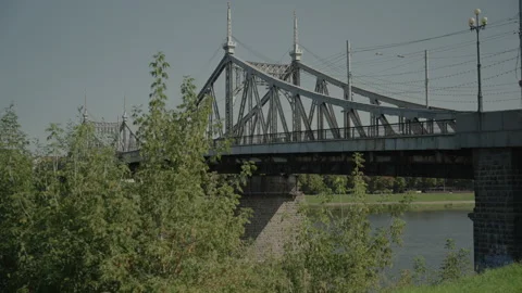 View of a cable-stayed metal road bridge in summer Stock Footage 318982326