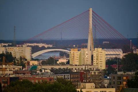 View of the cable-stayed Third Millennium John Paul II Bridge with red cables Fotos de archivo