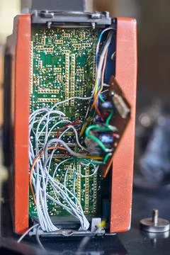 View of the cables, circuits, connectors, etc. of a sound system or camera Stock Photos