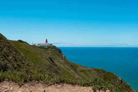 View of Cabo da Roca monument and column on a sunny summer day with view over 写真素材