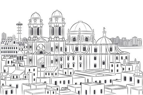 View of Cadiz with Cathedral, Spain Stock Illustration