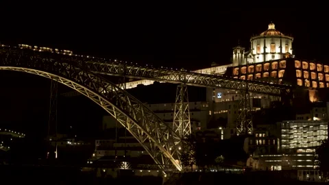 View of Cais de Gaia Along the Douro River night tim Stock Footage 327688826