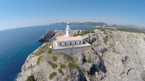 View on Cala Rajada´s Lighthouse (Rise) - Aerial Flight, Mallorca Stock Footage 38349708