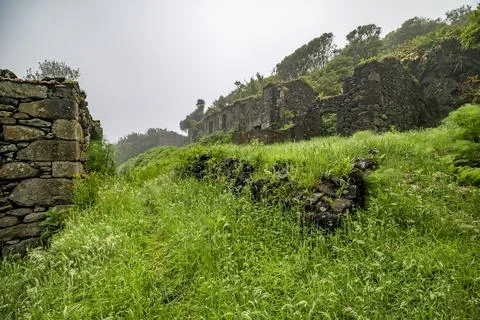 View on Caldeira do Mosteiro, abandoned village on Flores Island, Azores 写真素材