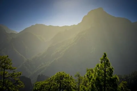 View on the Caldera de Taburiente landscape on Mirador del Lomo de Tagasast.. Stock Photos
