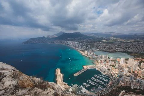 View of Calpe Calp town with Penon de Ifach mountain during the hiking to Pen Stock Photos