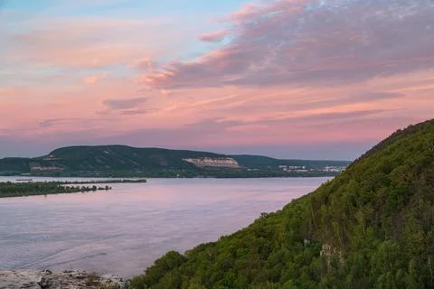 View from Camel Mountain on the Volga river at sunset, Zhiguli rocks, Samar.. Stock Photos