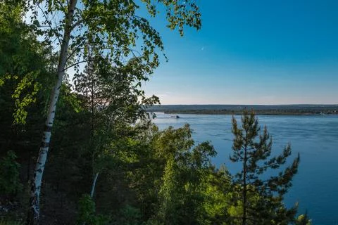 View from Camel Mountain on the Volga river at sunset, Zhiguli rocks, Samar.. Stock Photos