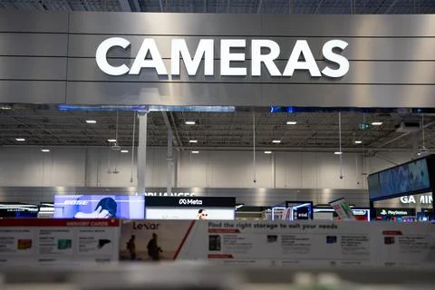 View of cameras section inside electronics retail store. Toronto, Canada - Stock Photos