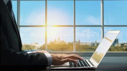 View of Canada Ottawa .Close up hand Businessman using laptop Stock Footage 84579286