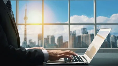 View of Canada Toronto .Close up hand Businessman using laptop Stock Footage 84579158