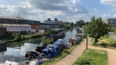 View of the canal and boats in hackney wick London Stock Footage 114269002
