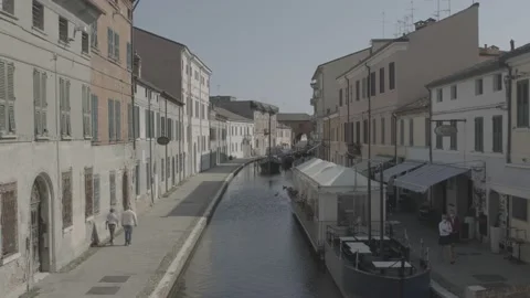 View of the canals of Comacchio, Po delta, Ferrara, Italy Stock Footage 155863339