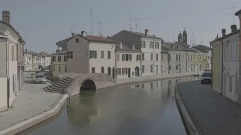 View of the canals of Comacchio, Po delta, Ferrara, Italy Stock Footage 155863377
