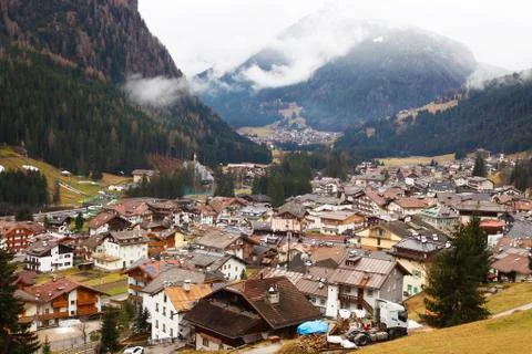 View of canazei and mountain landscape Stock Photos