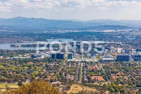 View of Canberra city from Mt. Ainslie lookout on bright sunny day Stock Photos