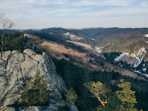 A view of a canyon a mountain Stock Photos