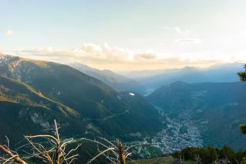 View from Cap de Rep towards Engolasters, you can also see the city of Encamp Stock Photos