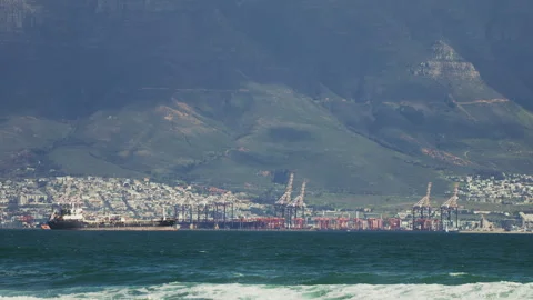 View of Cape Town Cargo Port and Ships from the Ocean Stock Footage 314949314