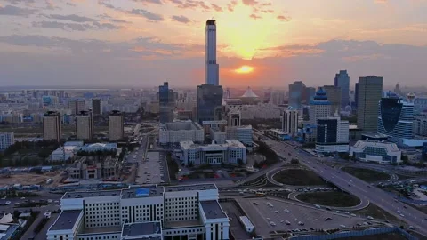 View of the capital of Kazakhstan. Evening Nur-Sultan. Aerial view of the drone. Stock Footage