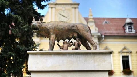 View of Capitoline Wolf monument in old Brasov centre, Romania. Town house on Stock Footage 250363402