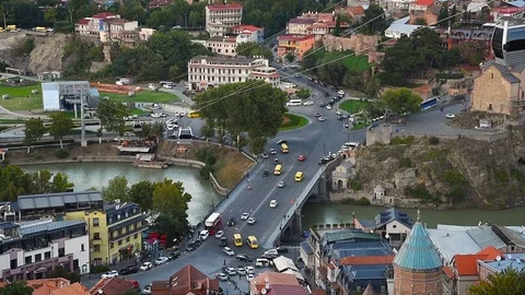 View on car of cableway under roofs of Old city Tbilisi, Georgia Stock Footage 76428535