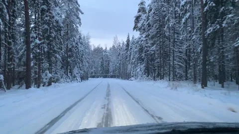 View from a car driving on a snow-covered road in the forest Stock Footage 172099308